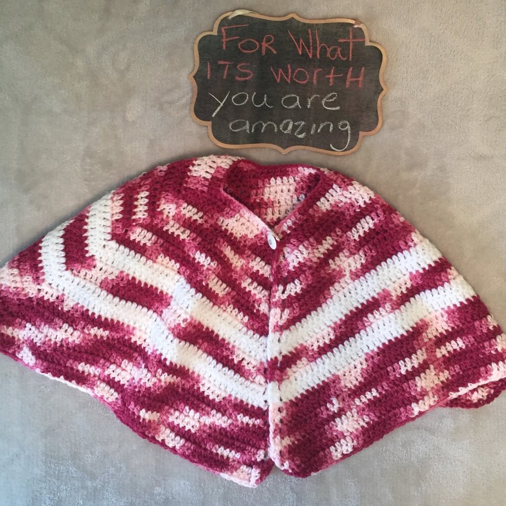 Handmade Knit Children’s Poncho – Burgundy & White – Toddler Size 3-5